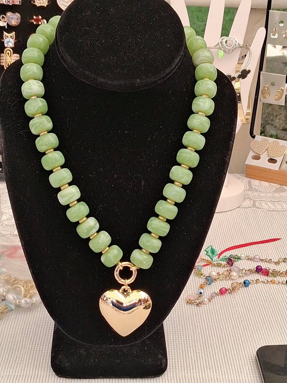 Gold Heart Pendant Necklace with Light Green Beads